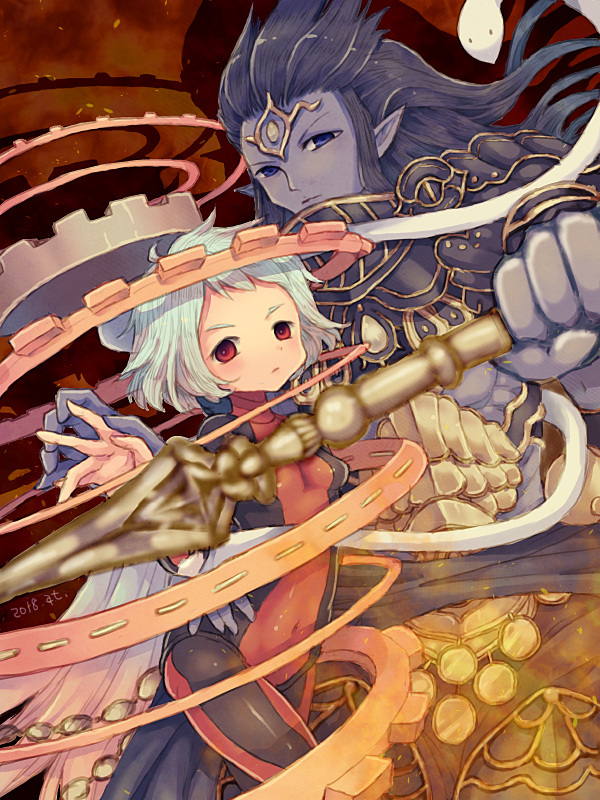 1girl :| black_hair blue_eyes blue_hair breasts brown_background closed_mouth covered_navel dark_skin dated forehead_jewel gears granblue_fantasy holding holding_weapon long_hair looking_at_viewer pointy_ears red_eyes shiva_(granblue_fantasy) short_hair sidelocks small_breasts standing tentorisan_juusan the_sun_(granblue_fantasy) very_long_hair weapon