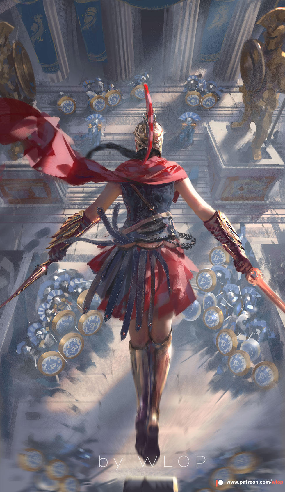 artist_name assassin's_creed:_odyssey assassin's_creed_(series) belt bracer braid column dual_wielding falling from_behind helm helmet highres holding long_hair metal_boots motion_blur patreon_username pillar pleated_skirt plume polearm red_skirt shield skirt soldier solo_focus spear statue weapon wlop