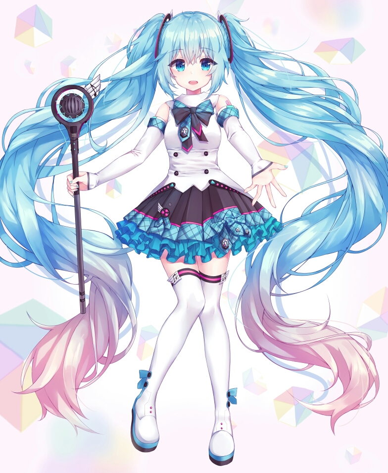 absurdly_long_hair black_skirt blue_eyes blue_hair blue_nails boots bow bowtie detached_sleeves eyebrows_visible_through_hair floating_hair full_body gradient_hair hair_between_eyes hatsune_miku holding holding_microphone long_hair long_sleeves looking_at_viewer magical_mirai_(vocaloid) microphone miniskirt multicolored_hair nail_polish open_mouth pink_hair pleated_skirt shiny shiny_hair shirt skirt solo thigh_boots thighhighs twintails two-tone_hair user_vehe3473 very_long_hair vocaloid white_footwear white_shirt white_sleeves zettai_ryouiki