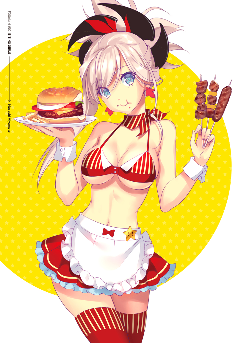 apron bikini blue_eyes breasts character_name cleavage commentary_request cowboy_shot earrings eating eyebrows_visible_through_hair fate/grand_order fate_(series) food hair_ornament hamburger holding holding_tray jewelry large_breasts looking_at_viewer miyamoto_musashi_(fate/grand_order) navel nishimura_eri pink_hair ponytail red_bikini red_scarf scarf shish_kebab skindentation smile solo star stomach swimsuit thighhighs tray waist_apron zettai_ryouiki