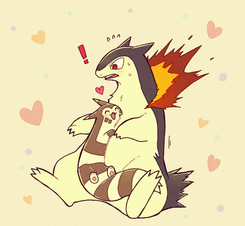 :3 beige_background blush closed_eyes constricted_pupils fang fire flying_sweatdrops full_body furret gen_2_pokemon happy heart hug looking_at_another looking_down no_humans open_mouth pokemon pokemon_(creature) shiwo_(siwosi) sitting smile spread_legs surprised sweat tyranitar