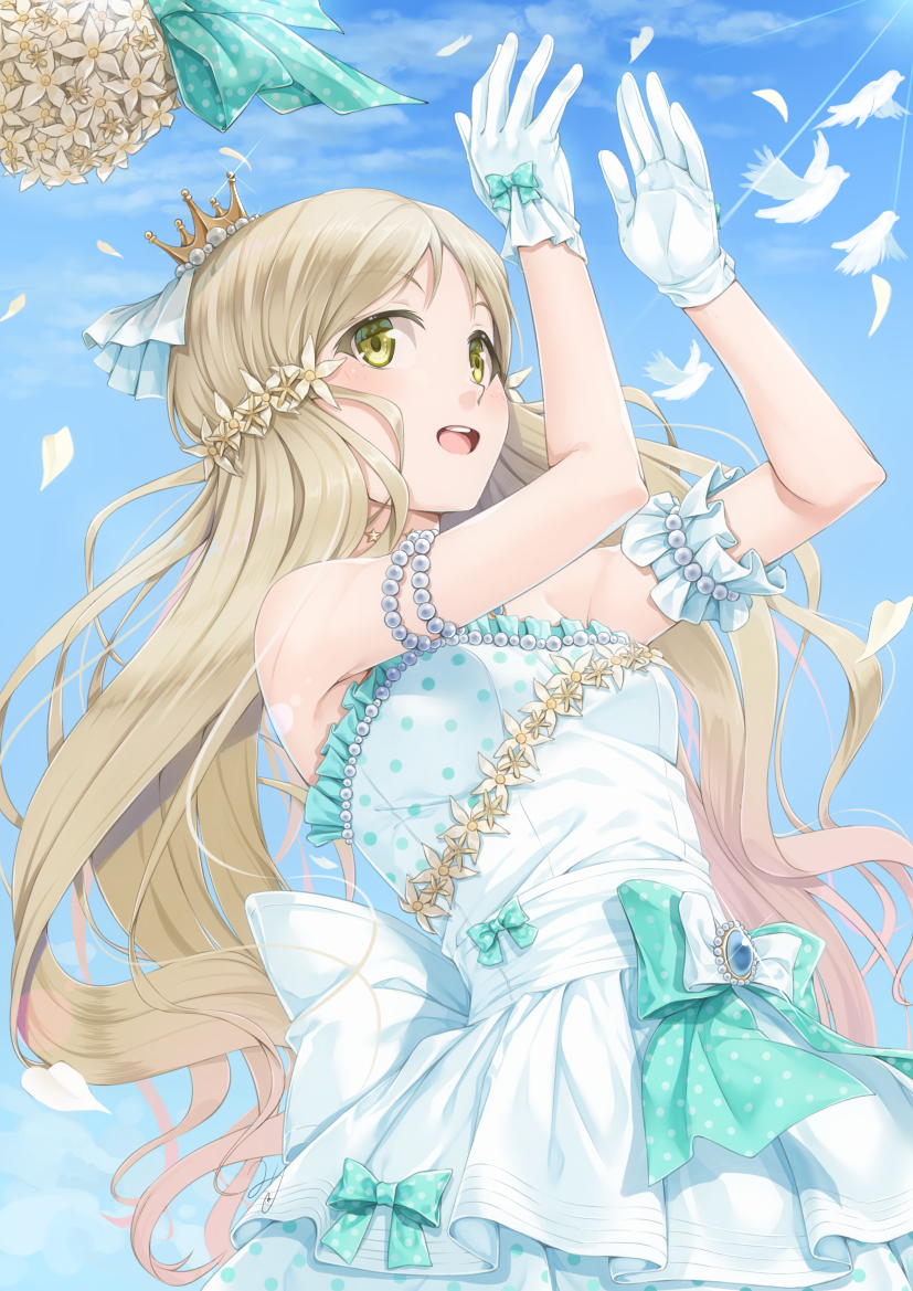 :d arms_up bangs blue_sky blush bouquet bow breasts cloud commentary_request crown day dress eyebrows_visible_through_hair flower gloves green_bow green_eyes hair_flower hair_ornament hair_ribbon handa_roko idolmaster idolmaster_million_live! idolmaster_million_live!_theater_days light_brown_hair long_hair mini_crown miri_(ago550421) open_mouth outdoors polka_dot polka_dot_bow ribbon round_teeth sky small_breasts smile solo strapless strapless_dress teeth tilted_headwear upper_teeth very_long_hair white_dress white_flower white_gloves white_ribbon