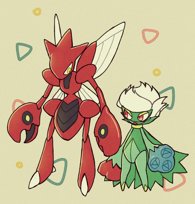 blue_flower blue_rose eye_contact flower full_body gen_2_pokemon gen_4_pokemon half-closed_eyes insect_wings looking_at_another looking_to_the_side no_humans open_mouth pokemon pokemon_(creature) red_eyes red_flower red_rose rose roserade scizor shiwo_(siwosi) short_hair standing white_hair wings yellow_eyes