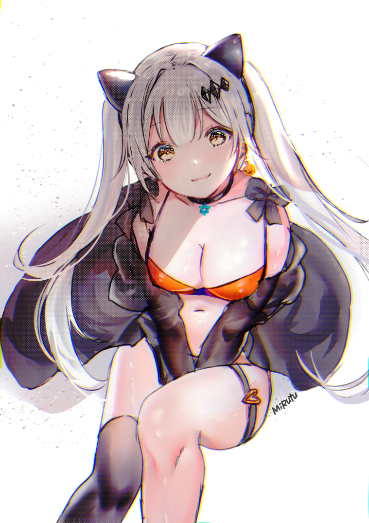 :3 animal_ears between_legs bikini black_choker breasts cat_ears choker cleavage closed_mouth commentary earrings english_commentary five-seven_(girls_frontline) girls_frontline hair_ornament halloween hand_between_legs head_tilt jewelry large_breasts leg_strap looking_at_viewer mirutu navel orange_bikini signature single_thighhigh sitting smile solo swimsuit thighhighs twintails yellow_eyes