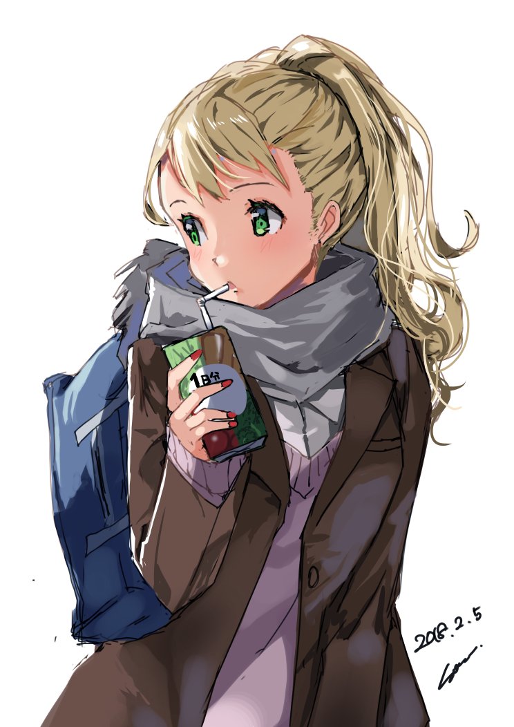 2018 bag blonde_hair brown_coat coat dated drinking_straw green_eyes grey_scarf long_hair open_clothes open_coat original ponytail scarf school_bag signature sketch solo sone_(takahiro-osone) standing sweater upper_body white_background