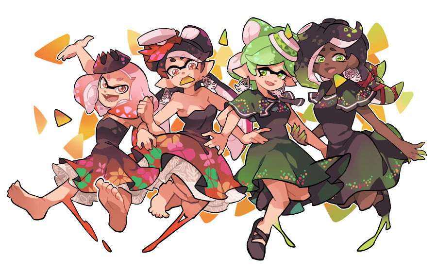 4girls :d aori_(splatoon) arm_grab arm_up bangs bare_shoulders barefoot black_capelet black_footwear black_hair black_skin blunt_bangs breasts capelet cephalopod_eyes cleavage commentary cousins crown domino_mask dress earrings english_commentary fang fangs floral_print food food_in_mouth food_on_head gradient_hair green_eyes green_hair grey_hair hand_on_hip hime_(splatoon) hotaru_(splatoon) iida_(splatoon) jewelry jumping locked_arms long_hair looking_at_another looking_at_viewer looking_back makeup mascara mask medium_breasts medium_dress medium_hair mole mole_under_eye mouth_hold multicolored multicolored_hair multicolored_skin multiple_girls nachos object_on_head octarian open_mouth paint_splatter petticoat pink_eyes pink_hair pointy_ears print_dress shoes short_hair sleeveless sleeveless_dress smile splatoon_(series) splatoon_1 splatoon_2 standing strapless strapless_dress suction_cups sushi tentacle_hair white_background wong_ying_chee