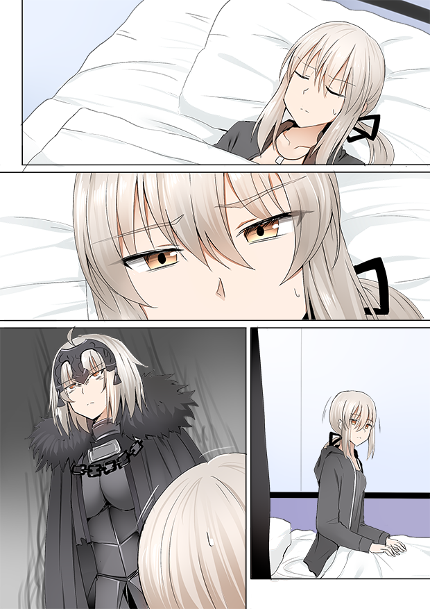 ahoge armor armored_dress artoria_pendragon_(all) bangs bed blanket breasts cape comic commentary dark_background dress eyebrows_visible_through_hair fate/grand_order fate_(series) fur_trim ginhaha hair_ribbon headpiece indoors jeanne_d'arc_(alter)_(fate) jeanne_d'arc_(fate)_(all) large_breasts long_hair multiple_girls pillow ribbon saber_alter short_hair silent_comic silver_hair standing sweatdrop waking_up yellow_eyes