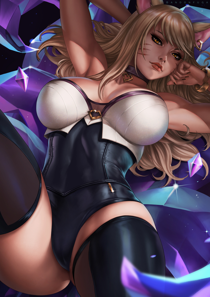 ahri animal_ears arms_behind_head blonde_hair bracelet breasts breasts_apart choker crystal dandon_fuga fox_ears heart highres jewelry k/da_(league_of_legends) k/da_ahri large_breasts league_of_legends long_hair pinup single_earring solo thighhighs whisker_markings yellow_eyes