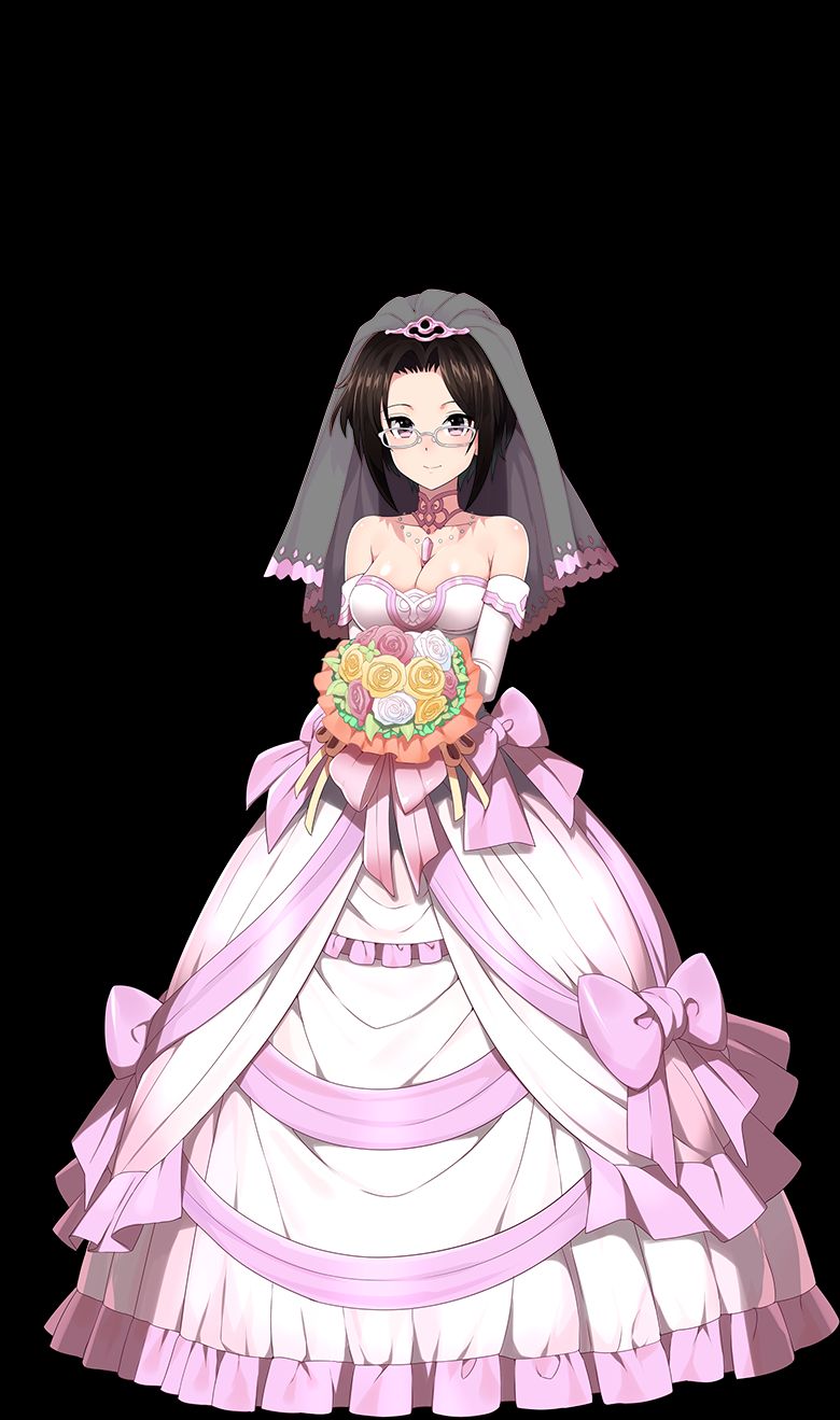 bare_shoulders black_background black_eyes black_hair bouquet bow breasts bridal_gauntlets bride dress dress_bow elbow_gloves farne_(sennen_sensou_aigis) flower full_body gem glasses gloves highres holding holding_bouquet jewelry large_breasts looking_at_viewer necklace official_art pink_bow sennen_sensou_aigis short_hair sidelocks simple_background smile solo veil white-framed_eyewear white_dress