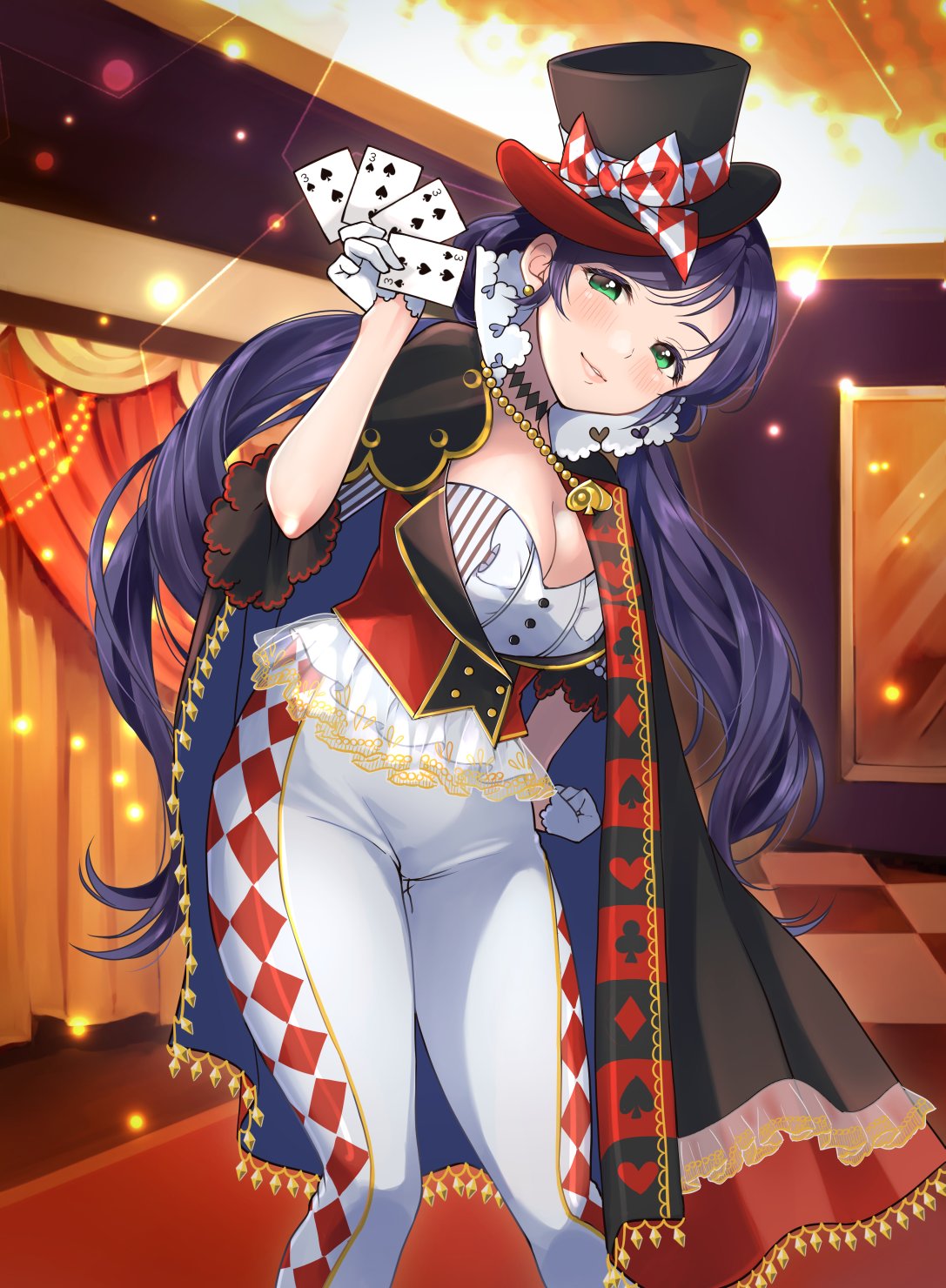 argyle argyle_pants black_choker black_hat blush breasts cape card checkered checkered_floor choker cleavage commentary_request earrings gloves green_eyes hand_on_hip hat hat_ribbon highres holding holding_card indoors jewelry kate_iwana long_hair looking_at_viewer love_live! love_live!_school_idol_project magician medium_breasts pants playing_card playing_card_print purple_hair ribbon smile solo stage_curtains top_hat toujou_nozomi twintails very_long_hair vest white_gloves white_pants