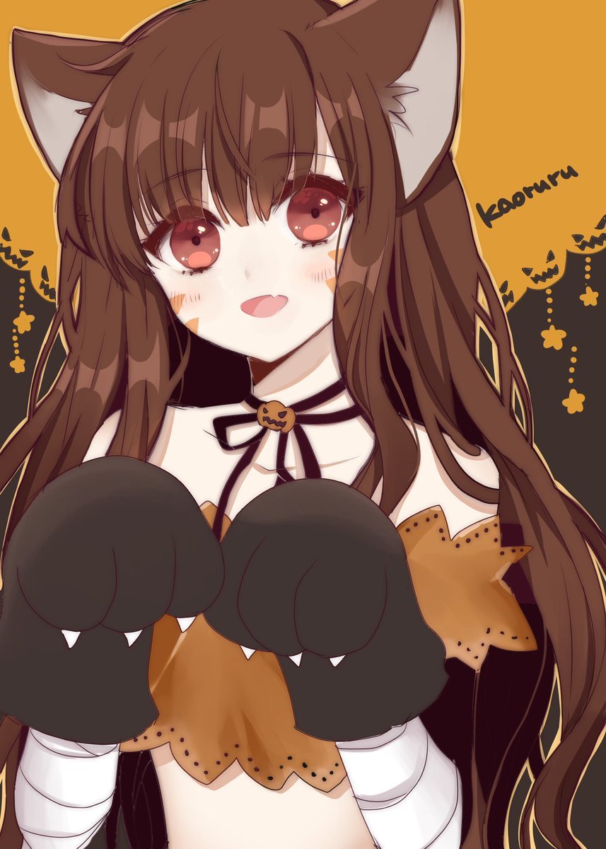 :d animal_ears atobesakunolove bandaged_arm bandages bangs black_choker black_neckwear black_ribbon blush brown_hair choker d.va_(overwatch) eyebrows_visible_through_hair facial_mark fang gloves halloween halloween_costume highres long_hair looking_at_viewer neck_ribbon open_mouth overwatch paw_gloves paws red_eyes ribbon ribbon_choker simple_background smile solo upper_body whisker_markings wolf_ears