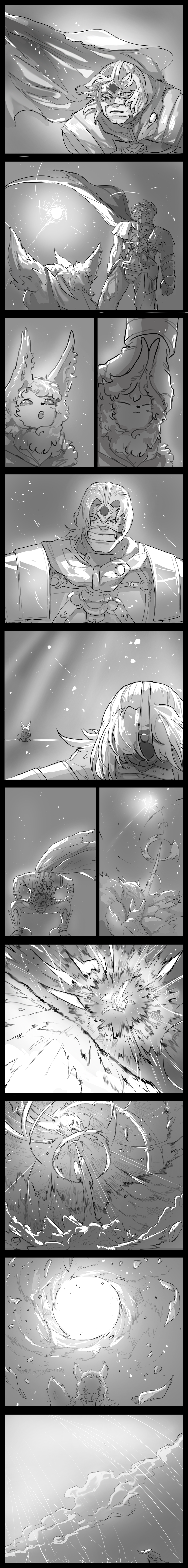 absurdres cape closed_eyes comic commentary fate/apocrypha fate/grand_order fate_(series) flying fou_(fate/grand_order) greyscale highres jumping left-to-right_manga long_image meteor meteor_shower monochrome muscle open_mouth petting savadava silent_comic smile spartacus_(fate) spoilers tall_image the_iron_giant