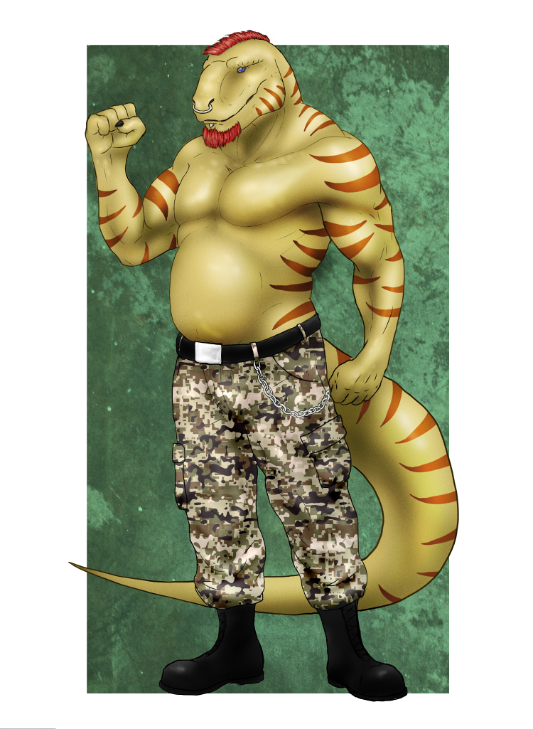 belly belt boots clothed clothing dinosaur facial_hair footwear goatee male mohawk muscular otter_grafitsnake pants reptile scalie solo theropod topless tyrannosaurid tyrannosaurus tyrannosaurus_rex