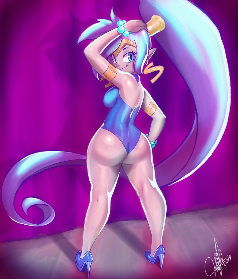 ass blue_eyes bracelet breasts curvy dark_skin earrings full_body heels high_heels huge_ass jewelry legs leotard long_hair pointy_ears pose purple_hair shantae_(character) shantae_(series) solo standing thick_thighs thighs tiara todd_l._milhouse very_long_hair wide_hips