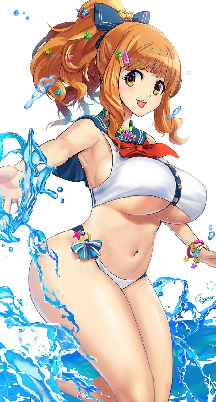 10s 1girl ass bare_arms bare_shoulders bikini blush breasts brown_eyes brown_hair cigusa cleavage curly_hair curvy female hair_ornament highres huge_ass idolmaster idolmaster_cinderella_girls large_breasts looking_at_viewer moroboshi_kirari navel ponytail ribbon senria smile solo star star_hair_ornament stomach swimsuit thick_thighs thighs underboob water wide_hips