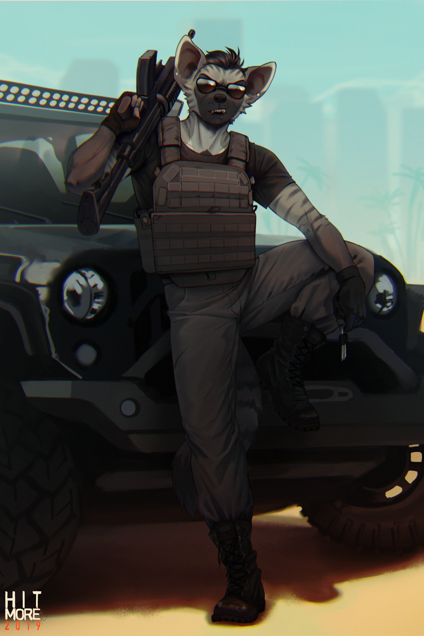 2019 athletic black_hair black_nose car clothed clothing digital_media_(artwork) eyewear fur gun hair hi_res hitmore hyaenid jeep leaning_on_object male mammal military military_jeep outside ranged_weapon sky solo standing striped_hyena stripes sunglasses teeth vehicle weapon