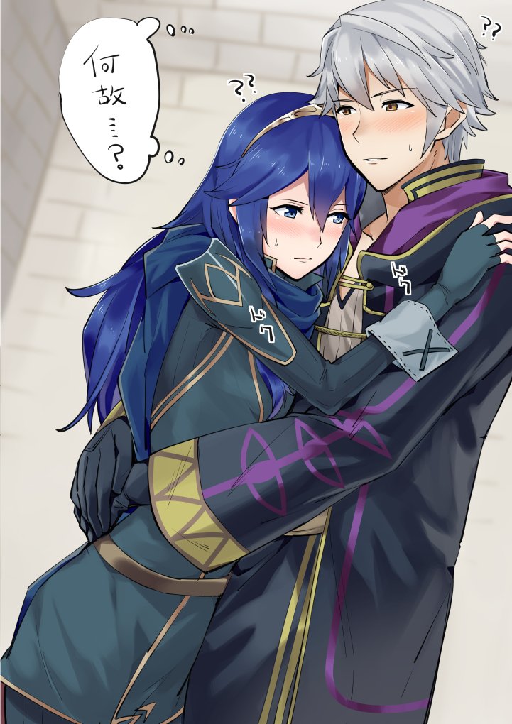 1boy 1girl a_meno0 black_gloves blue_eyes blue_hair blush brown_eyes couple fingerless_gloves fire_emblem fire_emblem:_kakusei gloves hairband hug long_hair long_sleeves lucina male_my_unit_(fire_emblem:_kakusei) my_unit_(fire_emblem:_kakusei) nintendo parted_lips shiny shiny_hair silver_hair sweatdrop tough