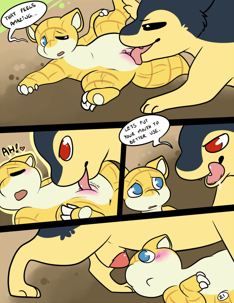 &lt;3 animal_genitalia blue_eyes comic cunnilingus female feral kaiizree larger_male licking male male/female nintendo oral penis pok&eacute;mon pok&eacute;mon_(species) pussy red_eyes sandshrew sex sheath size_difference smaller_female text tongue tongue_out typhlosion vaginal video_games