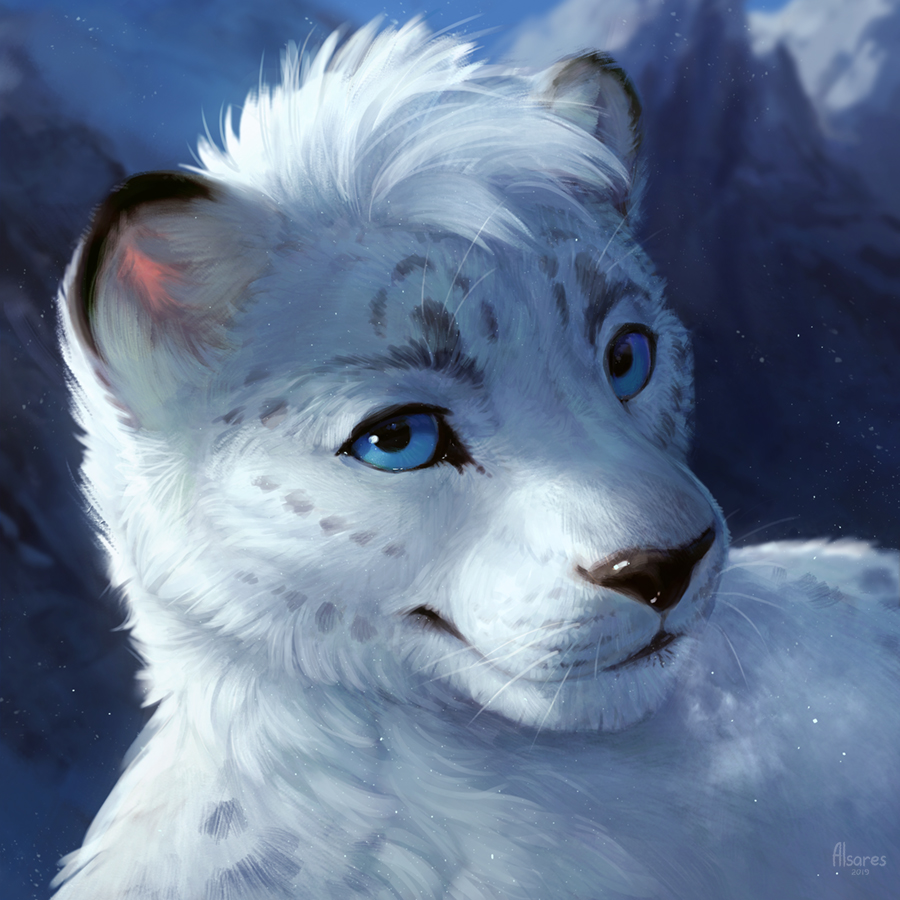 2019 alsareslynx anthro black_nose blue_eyes detailed_background digital_media_(artwork) felid fur headshot_portrait looking_at_viewer mammal pantherine portrait snow_leopard solo whiskers white_fur