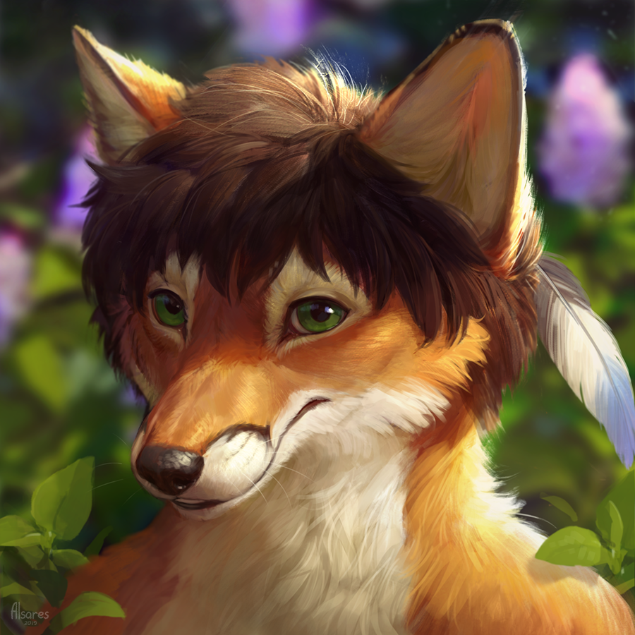 2019 alsareslynx anthro black_nose canid canine detailed_background digital_media_(artwork) fox fur green_eyes headshot_portrait mammal orange_fur portrait solo