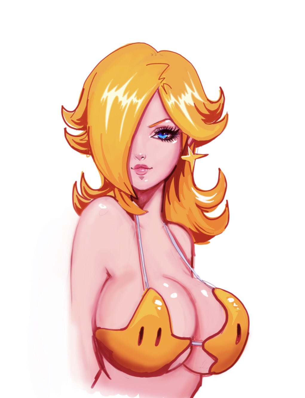 1girl bikini blonde_hair blue_eyes blush borrowed_design breasts chiko_(mario) cleavage commentary earrings english_commentary eyelashes flipped_hair hair_over_one_eye highres jewelry large_breasts lips long_hair looking_at_viewer mario_(series) medium_hair nintendo no_headwear rosetta_(mario) solo star star_earrings strap_gap super_mario_galaxy swimsuit the_art_of_mathew upper_body yellow_bikini