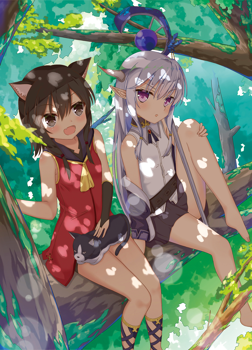 2girls :d :o animal animal_ear_fluff animal_ears animal_on_lap aroma0501 bangs bare_shoulders barefoot black_shorts bridal_gauntlets brown_eyes brown_hair brown_skirt cat cat_ears collared_shirt day dragon_girl dragon_horns dragon_tail dress dress_shirt eyebrows_visible_through_hair fang hair_between_eyes highres horns in_tree jacket knee_up long_hair multiple_girls off_shoulder open_clothes open_jacket open_mouth original outdoors parted_lips pink_eyes pleated_skirt pointy_ears purple_jacket red_dress shirt short_shorts shorts shorts_under_dress silver_hair skirt sleeveless sleeveless_shirt smile staff tail tree very_long_hair white_shirt