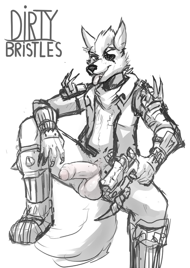 2019 anthro balls butt canid canine canis clothed clothing digital_drawing_(artwork) digital_media_(artwork) dirty_bristles erection eyewear fangs fur hair looking_at_viewer male mammal monochrome nintendo nude open_mouth penis simple_background sketch smile solo star_fox teeth tongue tongue_out video_games wolf wolf_o'donnell