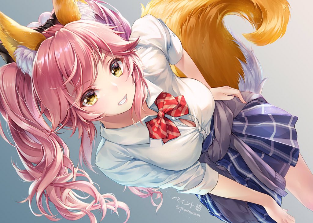 1girl animal_ear_fluff animal_ears bangs blue_skirt blue_sweater blush bow bowtie breasts cleavage clothes_around_waist commentary_request day dutch_angle eyebrows_visible_through_hair fate/extra fate_(series) fox_ears fox_tail grin hair_bow hand_on_hip hand_on_own_thigh large_breasts leaning_forward light_particles long_hair looking_at_viewer pink_hair red_neckwear school_uniform shirt sidelocks signature skirt smile solo sweater sweater_around_waist tail tamamo_(fate)_(all) tamamo_no_mae_(fate) twintails twitter_username white_shirt yellow_eyes youqiniang