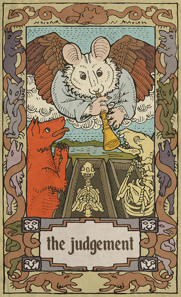 ambiguous_gender anthro border canid canine canis card claws cloud death fortune_telling fur grave mammal mouse musorok open_mouth outside red_fur rodent sky tarot tarot_card text tongue tongue_out wolf