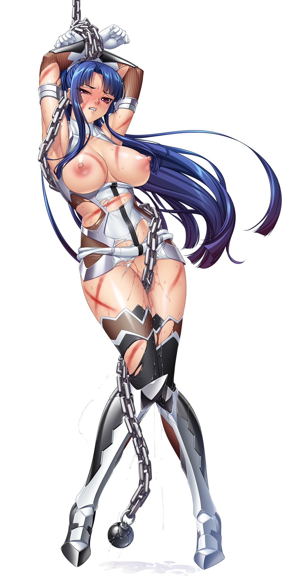 1girl bare_shoulders bdsm blue_hair blush bondage boots bound breasts chains curvy dress elbow_gloves erect_nipples female forced full_body gloves highres holding holding_weapon injury kagami_hirotaka large_breasts lilith-soft long_hair looking_at_viewer moaning no_panties official_art pain ponytail puffy_nipples pussy_juice red_eyes shiny shiny_skin short_dress slave solo sweat taimanin_(series) taimanin_asagi taimanin_murasaki taimanin_rpgx tears thighhighs very_long_hair weapon white_background yatsu_murasaki