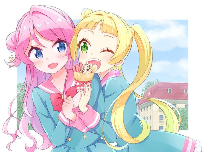 2girls :d ;d aikatsu!_(series) aikatsu_friends! bangs blonde_hair blue_dress blue_eyes blunt_bangs blush bow bowtie building check_(check_book) chouno_maika clenched_hand commentary_request day double-breasted dress earrings food green_eyes hair_intakes hinata_ema_(aikatsu_friends!) holding holding_food jewelry long_hair long_sleeves looking_at_another multiple_girls one_eye_closed open_mouth outdoors parfait pink_hair pink_sailor_collar red_neckwear sailor_collar sailor_dress school_uniform serafuku shared_food side_bun smile star star_earrings twintails