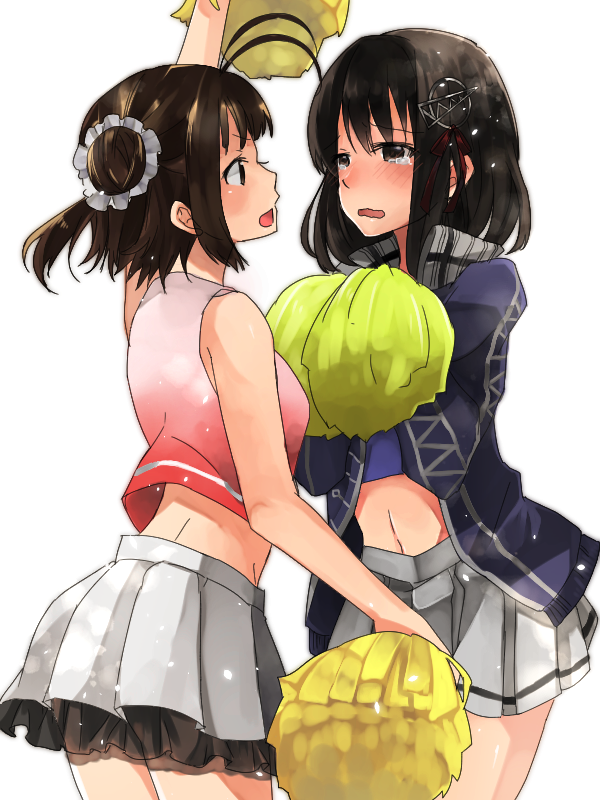 alternate_costume antenna_hair arm_up bare_shoulders black_hair blue_jacket blue_shirt bob_cut brown_eyes brown_hair check_commentary cheerleader commentary commentary_request cowboy_shot crop_top double_bun embarrassed eye_contact face-to-face frills haguro_(kantai_collection) hair_ornament hairclip hands_on_own_chest jacket kantai_collection looking_at_another naka_(kantai_collection) open_mouth pink_shirt pom_poms rinto_(rint_rnt) shirt short_hair simple_background skirt tears track_jacket white_background white_skirt yellow_pom_poms