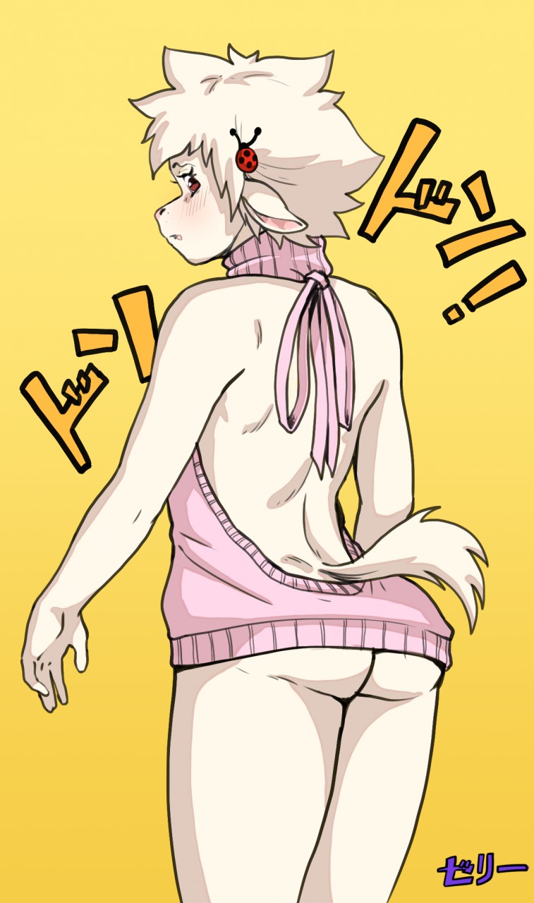 2019 ambiguous_gender blush butt camelid clothing digital_media_(artwork) girly hair hi_res jane_deodato_(jelly_shades) japanese_text jelly_shades llama mammal solo sweater text virgin_killer_sweater