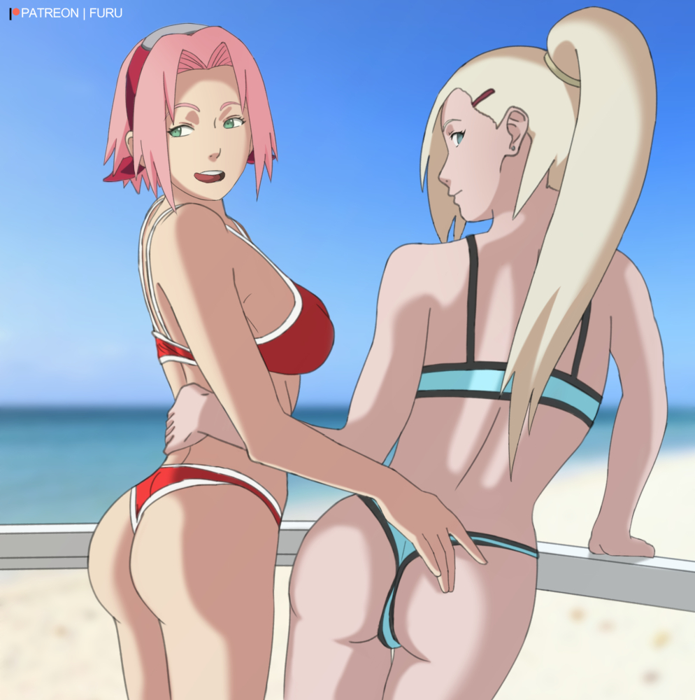 2girls ass blonde_hair blue_bra bra breasts female furutaka furutaka_(artist) green_eyes long_hair multiple_girls naruto naruto_(series) naruto_shippuden pink_hair red_bra sakura_haruno short_hair swimsuit underwear yamanaka_ino