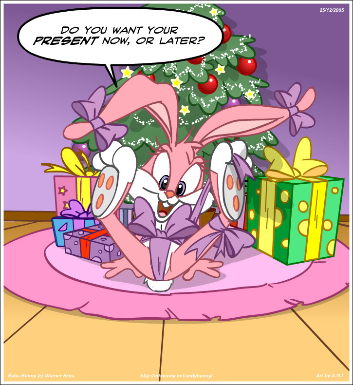 andybunny babs_bunny butt christmas clothed clothing feet female gift holidays lagomorph legs_up mammal open_mouth partially_clothed presenting purple_eyes rabbit ribbons seductive solo tiny_toon_adventures warner_brothers young