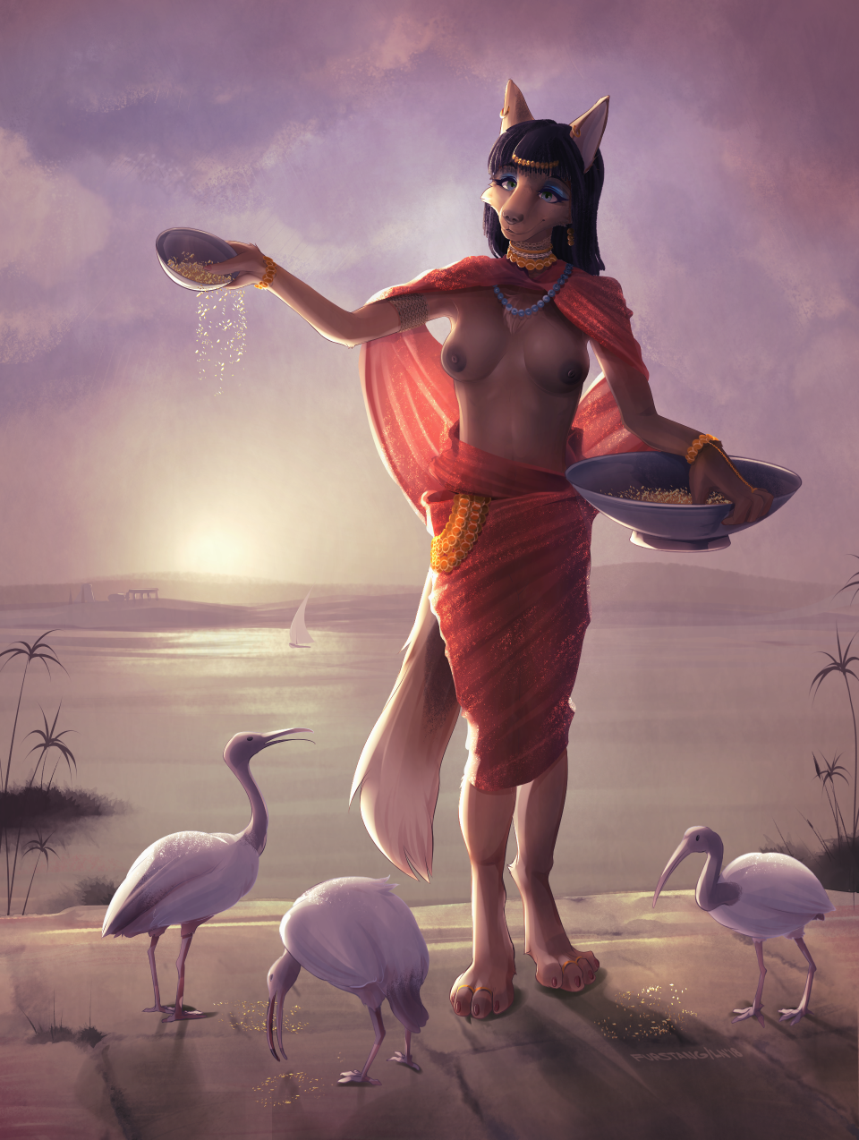 anthro avian bird black_hair bowl bracelet breasts canid canine canis cheek_tuft chest_tuft clothed clothing collaboration day digitigrade ear_piercing egyptian female furstang hair holding_object ibis jackal jewelry littlenapoleon long_hair looking_at_viewer mammal necklace nipples outside piercing sailboat sky smile standing tuft water