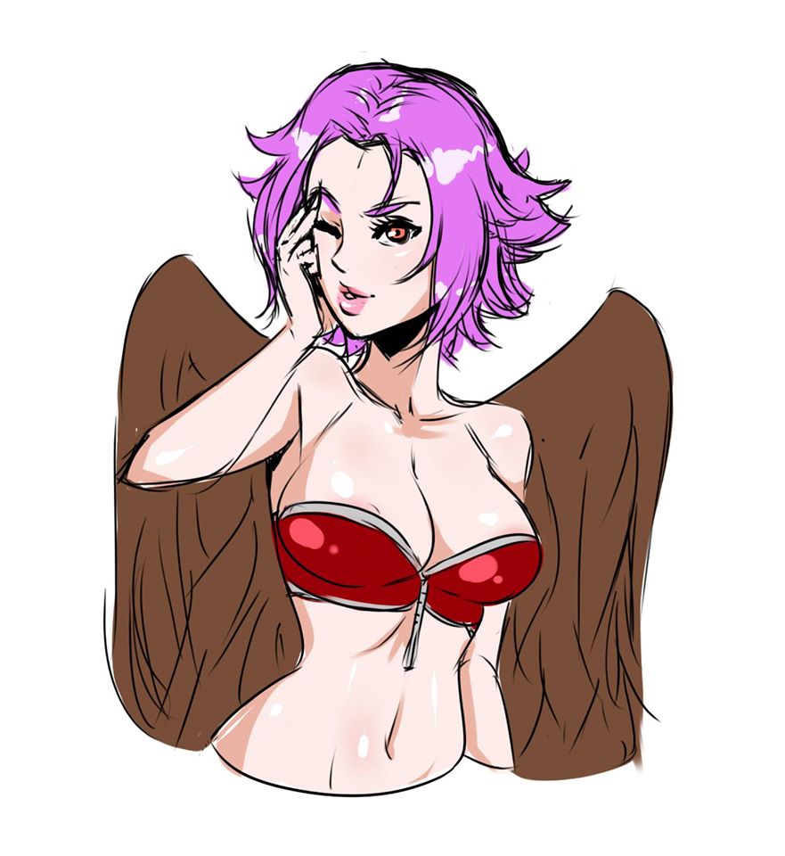 altavy_(altavy) animal_humanoid avian avian_humanoid big_breasts bird breasts bunny_and_fox_world cleavage clothed clothing falcon falcon_humanoid feathers female hair humanoid kyoffie one_eye_closed purple_hair wings wink