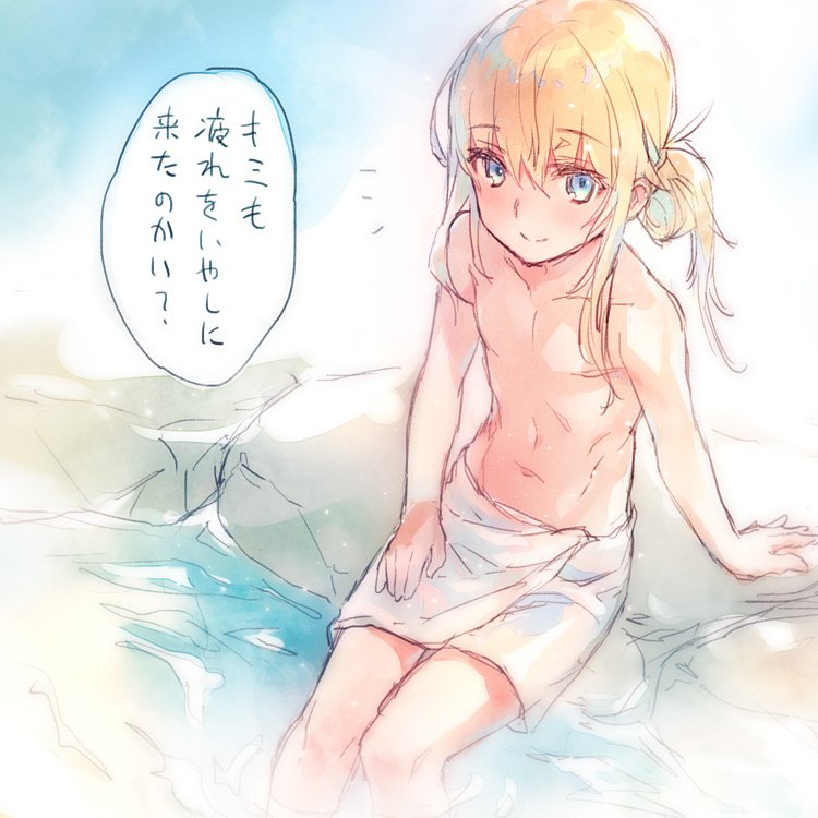 1boy blonde_hair blue_eyes blush chevalier_d'eon_(fate/grand_order) fate/grand_order fate_(series) long_hair looking_at_viewer naked_towel navel onsen ponytail simple_background smile solo toned towel translation_request trap wanko_(takohati8)