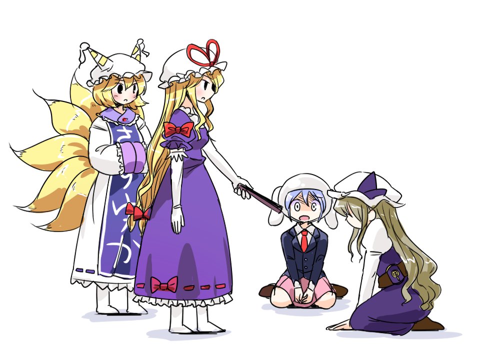 4girls animal_ears arm_support bangs black_eyes black_jacket blazer blonde_hair blue_eyes blue_hair blush bow breasts brown_footwear bunny_ears dress elbow_gloves eyebrows_visible_through_hair fan folding_fan fox_tail from_side full_body gloves grey_hair hair_between_eyes hair_bow hat hat_ribbon helmet holding holding_fan itatatata jacket juliet_sleeves long_hair long_sleeves looking_at_viewer medium_breasts miniskirt mob_cap multiple_girls multiple_tails necktie no_shoes open_mouth parted_lips petticoat pillow_hat pink_skirt pleated_skirt profile puffy_short_sleeves puffy_sleeves purple_dress purple_ribbon red_bow red_neckwear red_ribbon reisen ribbon ribbon-trimmed_dress seiza shadow shirt shoes short_hair short_sleeves sidelocks simple_background sitting skirt standing tabard tail touhou very_long_hair wariza watatsuki_no_toyohime white_background white_dress white_gloves white_hat white_legwear white_shirt wide_sleeves yakumo_ran yakumo_yukari