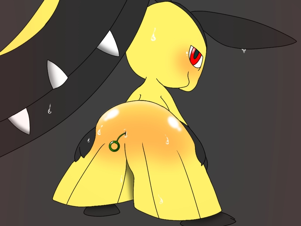 2019 3_fingers ambiguous_gender anus black_background black_hair blush butt extra_mouth fangs hair hands_on_hips looking_at_viewer looking_back mammal mawile nintendo not_furry pok&eacute;mon pok&eacute;mon_(species) presenting red_cheeks red_eyes ritoning8810 sex_toy sharp_teeth simple_background solo sweat teeth video_games yellow_body