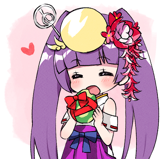 1girl :d bangs bare_shoulders blunt_bangs blush eyebrows_visible_through_hair eyes_closed facing_viewer flower hair_flower hair_ornament hakama headpiece heart holding japanese_clothes kimono long_hair open_mouth pikomarie purple_hair purple_hakama puzzle_&amp;_dragons red_flower ribbon_trim smile solo twintails very_long_hair white_kimono yomi_(p&amp;d)