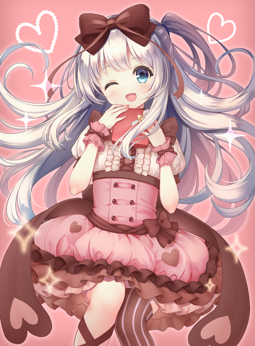 1girl ;d black_legwear black_ribbon blue_eyes blush bow box brown_bow buttons commentary_request floating_hair frilled_shirt frilled_skirt frills glint hair_bow hands_up heart highres holding holding_box leg_ribbon long_hair looking_at_viewer nail_polish one_eye_closed one_side_up open_mouth original pink_background pink_nails pink_skirt puffy_short_sleeves puffy_sleeves ribbon shirt short_sleeves sidelocks silver_hair single_thighhigh skirt smile solo sparkle striped striped_legwear thighhighs underbust white_ribbon white_shirt wrist_cuffs yatsuki_yura