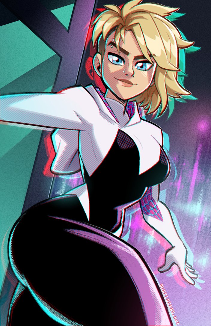 3d_effect blonde_hair blue_eyes breasts face_piercing female gwen_stacy lipstick looking_at_viewer marvel mike_luckas night piercing pinup skyscraper spider-gwen spider-man:_into_the_spider-verse spider-man_(series) thighs