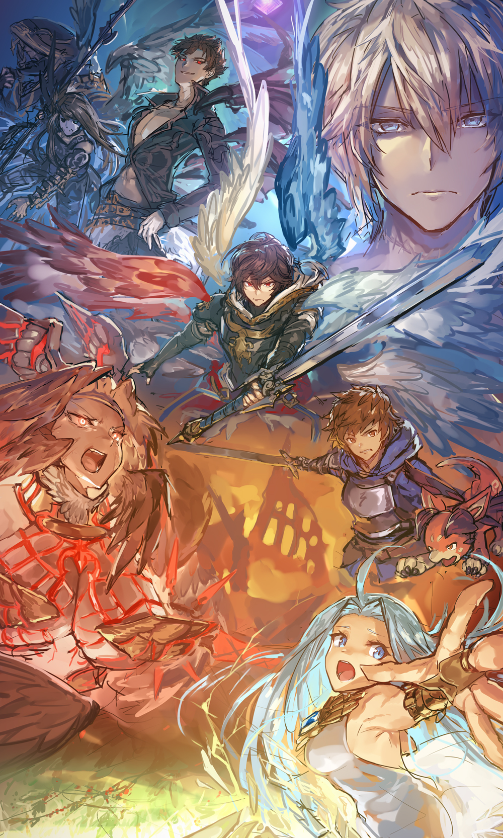 beelzebub_(granblue_fantasy) blue_eyes blue_hair brown_hair dress gran_(granblue_fantasy) granblue_fantasy highres lucilius_(granblue_fantasy) lyria_(granblue_fantasy) melon22 michael_(granblue_fantasy) multicolored multicolored_wings multiple_wings open_mouth outstretched_arm red_eyes sandalphon_(granblue_fantasy) sariel_(granblue_fantasy) smile sword vee_(granblue_fantasy) weapon white_dress white_hair wings