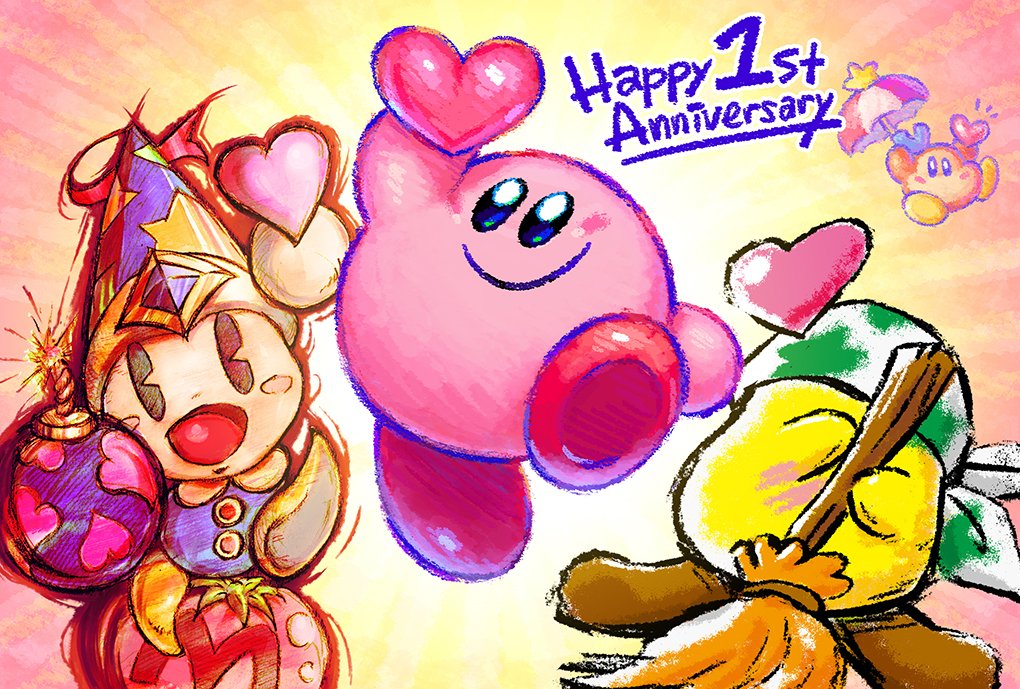 anniversary bandanna black_eyes blue_eyes blush_stickers bomb broom broom_hatter commentary_request english_text faceless floating food hat heart kirby kirby:_star_allies kirby_(series) maxim_tomato nintendo no_humans official_art open_mouth parasol poppy_bros_jr smile umbrella waddle_dee