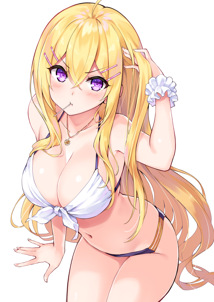 1girl :t ahoge arm_up bangs bikini black_bikini_bottom blonde_hair blush breasts candy cleavage closed_mouth collarbone commentary_request cowboy_shot cu-no eyebrows_visible_through_hair fingernails food front-tie_bikini front-tie_top hair_between_eyes hair_ornament hairclip hakurei_botan halter_top halterneck hand_in_hair hand_up hisenkaede jewelry large_breasts leaning_forward lollipop long_hair looking_at_viewer mouth_hold navel necklace original purple_eyes scrunchie sidelocks simple_background solo swimsuit v-shaped_eyebrows very_long_hair white_background white_bikini_top white_scrunchie wrist_scrunchie