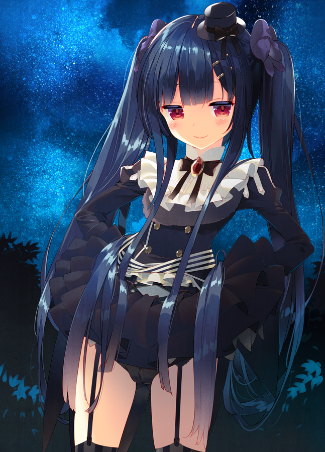 1girl arikawa_satoru black_hair black_hat bow commentary_request cowboy_shot flower_knight_girl garter_straps hair_bow hair_ornament hairclip hat lifted_by_self long_hair looking_at_viewer mini_hat mini_top_hat night night_sky purple_bow red_eyes sky smile solo striped striped_legwear thighhighs top_hat torikabuto_(flower_knight_girl) twintails vertical-striped_legwear vertical_stripes
