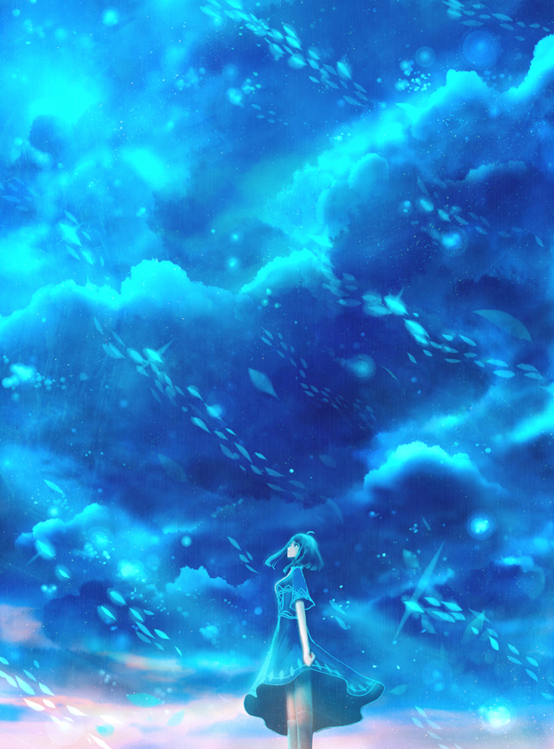 1girl ahoge blue_dress blue_eyes blue_hair blue_sky cloud cloudy_sky dawn day dress from_side looking_up original outdoors sakimori_(hououbds) short_hair short_sleeves sky solo standing wide_shot wide_sleeves