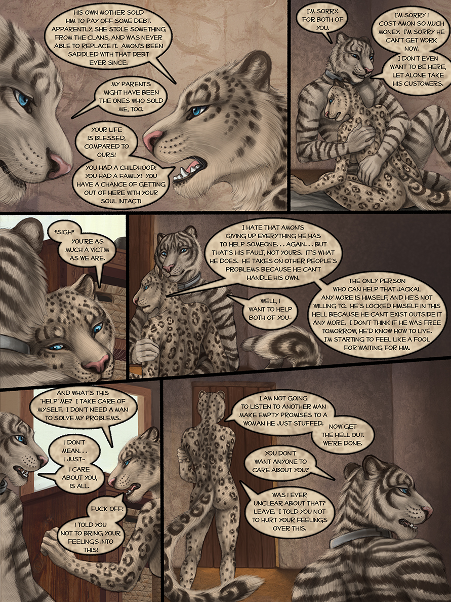 2019 5_fingers anthro anthro_on_anthro bed bed_sheet bedding black_spots black_stripes blue_eyes breasts butt collar comic crossed_arms detailed_background dhaval_(character) dialogue digital_media_(artwork) duo embrace english_text eye_contact fangs felid female fur hug inside ishaway isolde male male/female mammal metal_collar myenia nude open_mouth pantherine pink_nose red_lantern rukis smile snow_leopard speech_bubble spots standing stripes teeth text tiger white_fur