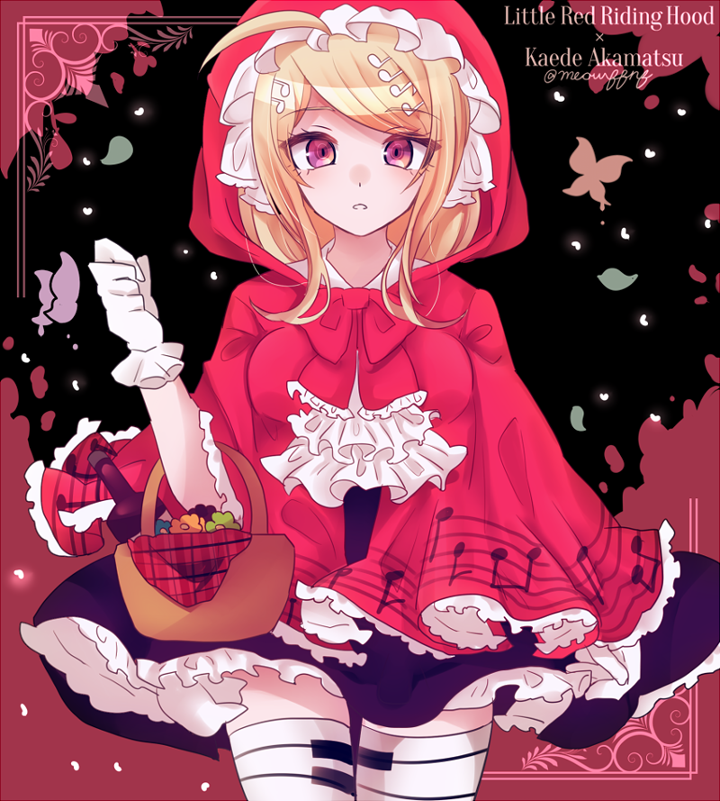 1girl akamatsu_kaede bandage bangs basket blonde_hair bow bug butterfly cape capelet cosplay cowboy_shot danganronpa frilled_capelet frilled_skirt frills gloves holding holding_basket hooded insect let little_red_riding_hood_(grimm) little_red_riding_hood_(grimm)_(cosplay) long_hair looking_at_viewer miniskirt musical_note musical_note_hair_ornament musical_note_print nekoshin_kagari new_danganronpa_v3 print_capelet purple_eyes red_bow red_cape skirt solo standing swept_bangs white_gloves white_neckwear